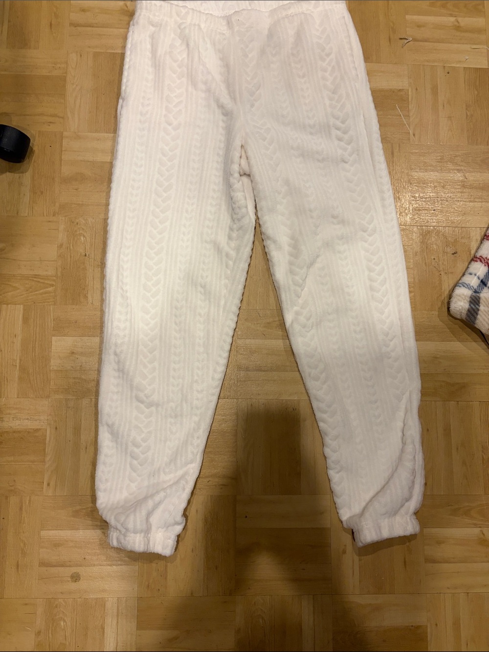 Kids Plush White Cable-Textured Joggers